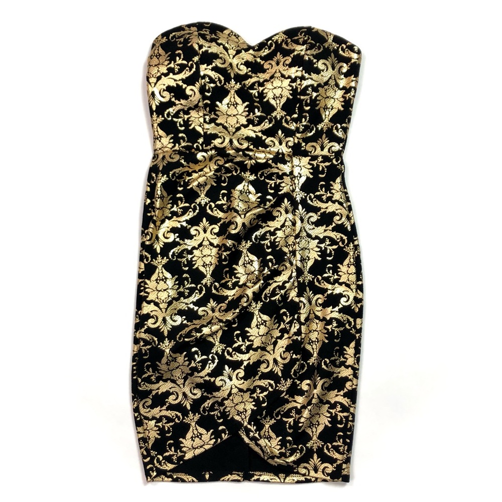 Black and gold strapless mini dress.